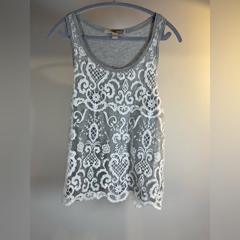Forever 21 Contemporary Gray Tank Top with White Lace Overlay